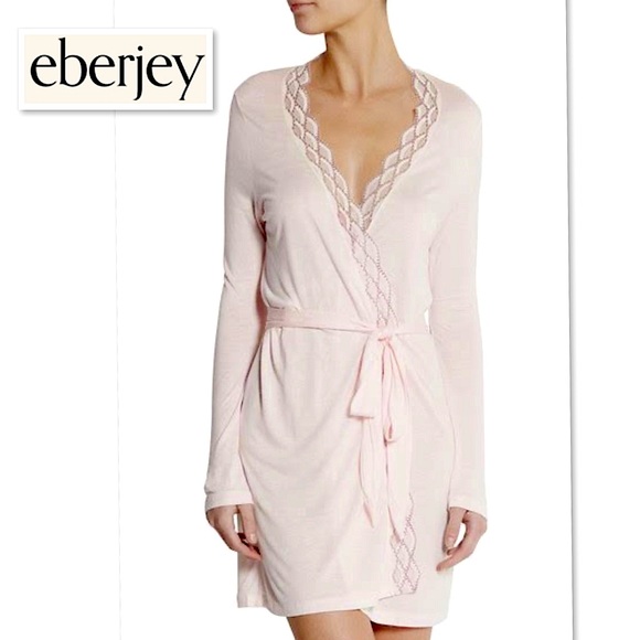 NWT EBERJEY Mabel Wrap Front Jersey Robe with Wide Lace Trim Pink Peach L Large - Picture 2 of 15